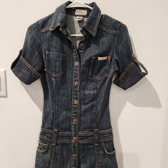 Original Vintage Limited Edition Frankie B Dark Wash Denim Dress Jumpsuit Size 2 - Picture 1 of 11